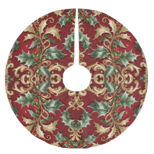 Gold Green Leaves Red Christmas Holiday Tree Skirt