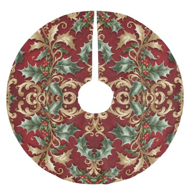 Gold Green Leaves Red Christmas Holiday Tree Skirt (Front)