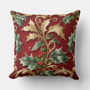 Gold Green Leaves Red Christmas Throw Pillow