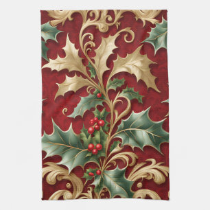 Gold Green Leaves Red Holiday Kitchen Towel