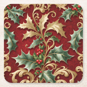 Gold Green Leaves Red Holiday Paper Coaster