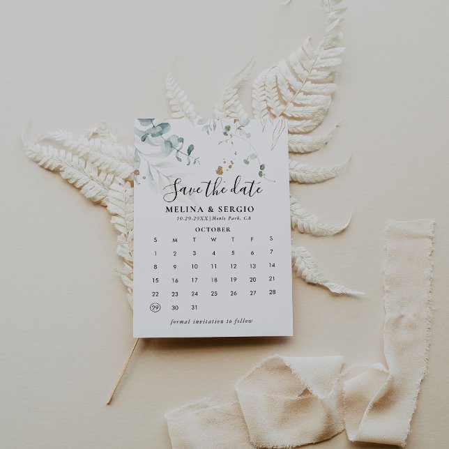 Gold Green Leaves Save the Date Calendar (Creator Uploaded)