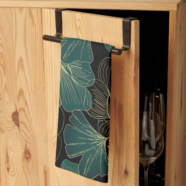 Gold green leaves tea towel (Thirds Fold)