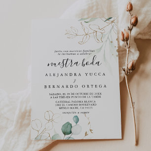 Gold Green Leaves Wedding Nuestra Boda Invitation