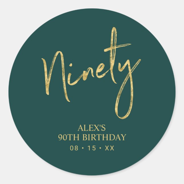 Gold & Green Lettering Ninety 90th Birthday Favour Classic Round Sticker (Front)