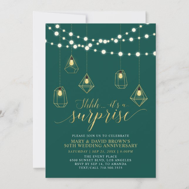 Gold & Green Lights Surprise Wedding Anniversary Invitation (Front)
