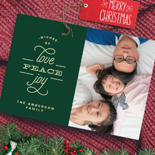Gold Green LOVE PEACE JOY Greeting Photo Foil Holiday Card