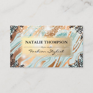 Gold Green Marble Fancy Elements Bokeh Glow Business Card