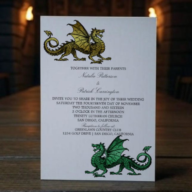 Gold Green Mediaeval Dragon Wedding Invite (Gold Green Medieval Dragon Wedding Invite)