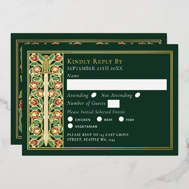 Gold Green Medieval Floral Sword Wedding RSVP (Front/Back)
