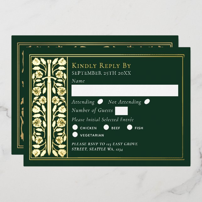 Gold Green Medieval Sword Wedding RSVP (Front/Back)