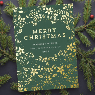 Gold & Green Merry Christmas Florals Foil Holiday Card