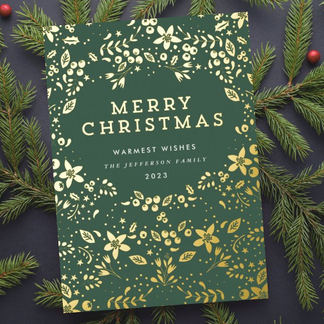 Gold & Green Merry Christmas Florals Foil Holiday Card (Creator Uploaded)