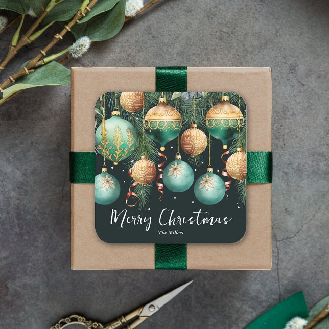 Gold Green Merry Christmas Ornaments Square Sticker (Gold and green tree ornaments Merry Christmas square 3" stickers)