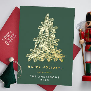 Gold & Green Merry Christmas Pine Tree Happy Foil Holiday Card