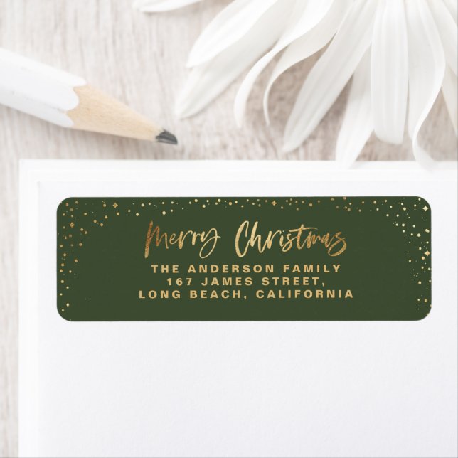 Gold green Merry Christmas stars Return Address Label (Insitu)