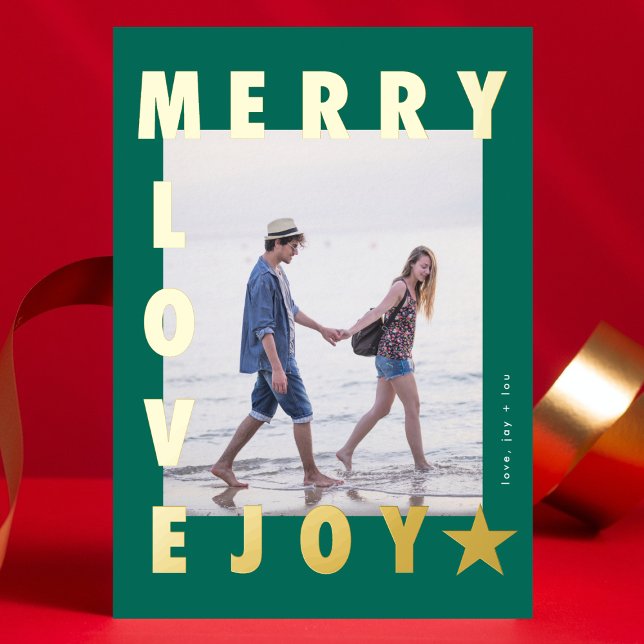 GOLD Green MERRY LOVE JOY photo FRAME | Gold Foil Holiday Card (Creator Uploaded)