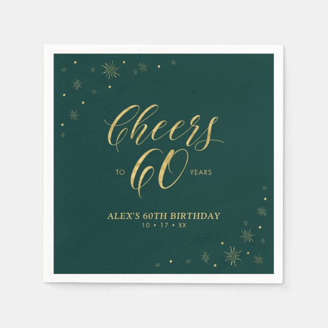 Gold & Green Modern Cheers 60th Birthday Party Napkin (Front)