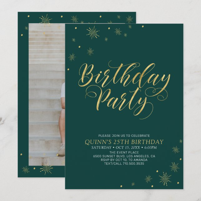 Gold & Green | Modern Chic 25th Birthday Party Invitation (Front/Back)