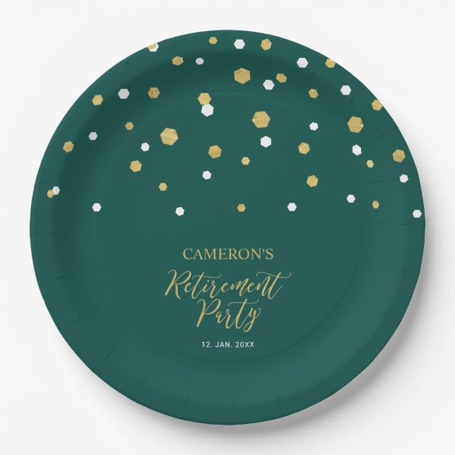 Gold & Green Modern Chic Confetti Retirement Party Paper Plate (Front)
