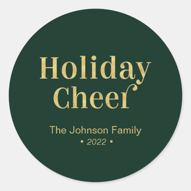 Gold & Green Modern Christmas Holiday Cheer Classic Round Sticker (Front)