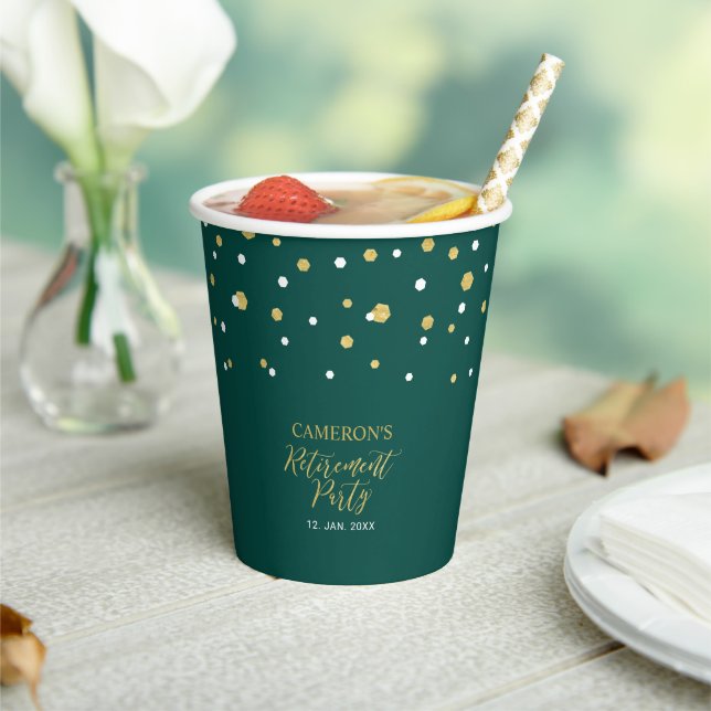 Gold & Green Modern Geometric Confetti Retirement Paper Cups (Insitu)