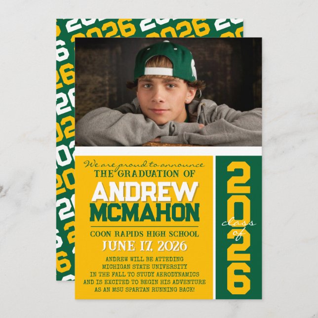Gold & Green Modern Graduation Photo Announcement (Front/Back)