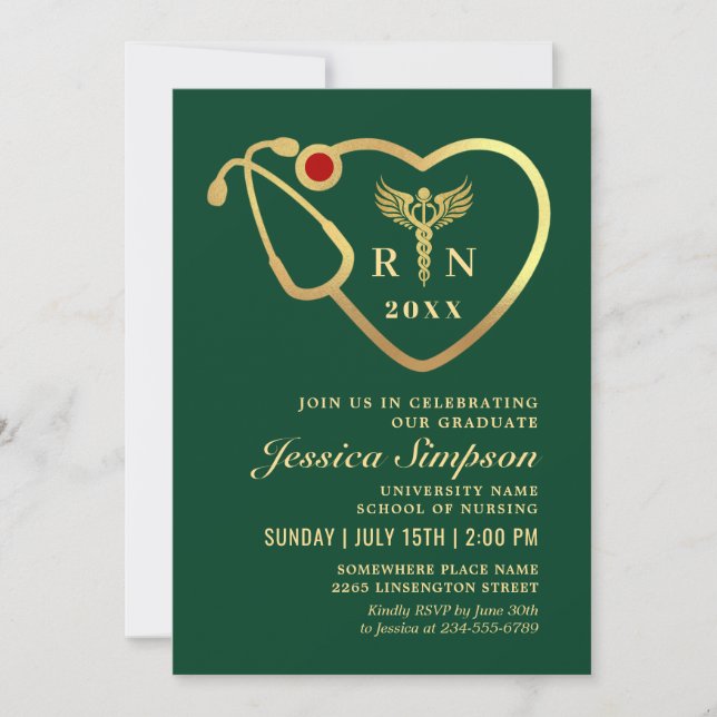 Gold Green Modern Nursing School Graduation Party Invitation (Front)