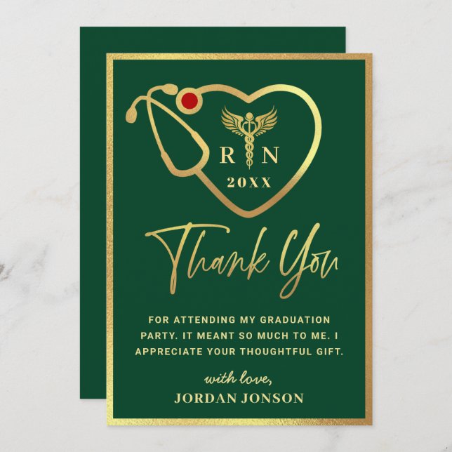 Gold Green Modern Nursing School Graduation Thank You Card (Front/Back)