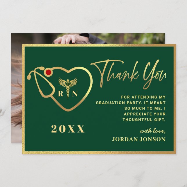 Gold Green Modern Nursing School Graduation Thank You Card (Front/Back)