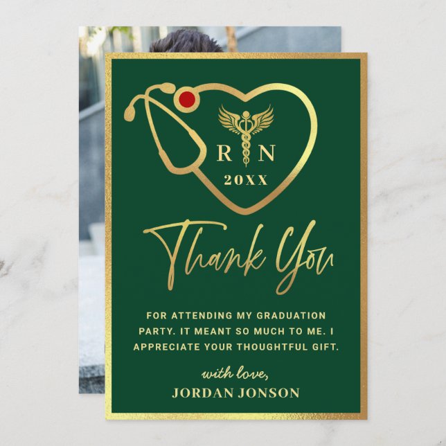 Gold Green Modern Nursing School Graduation Thank You Card (Front/Back)