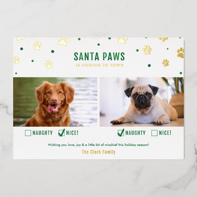 Gold & Green Naughty or Nice Two Dog Photo Foil Holiday Card (Front)