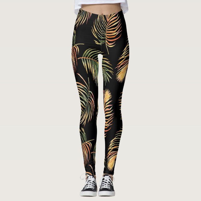 Gold-Green Palms: Watercolor Seamless Pattern. Leggings (Front)