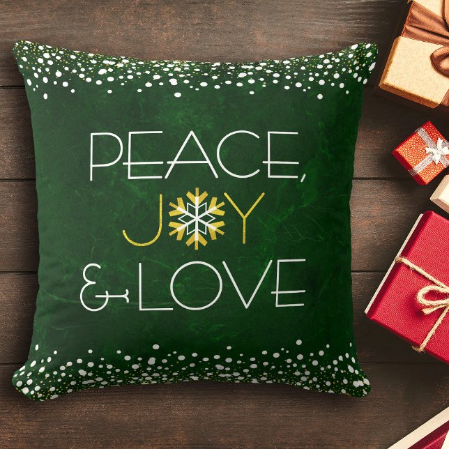 Gold Green Peace Joy Love Snowflake Holiday Modern Cushion (Creator Uploaded)