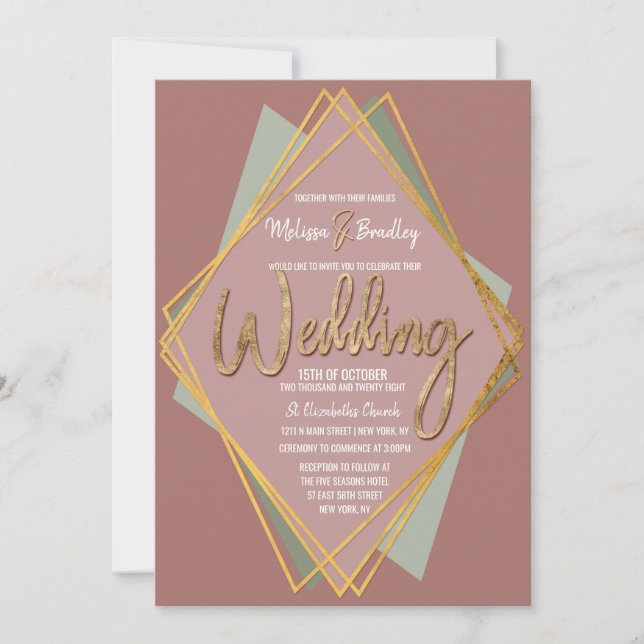 Gold Green Pink and Mauve Geometric Wedding Invitation (Front)