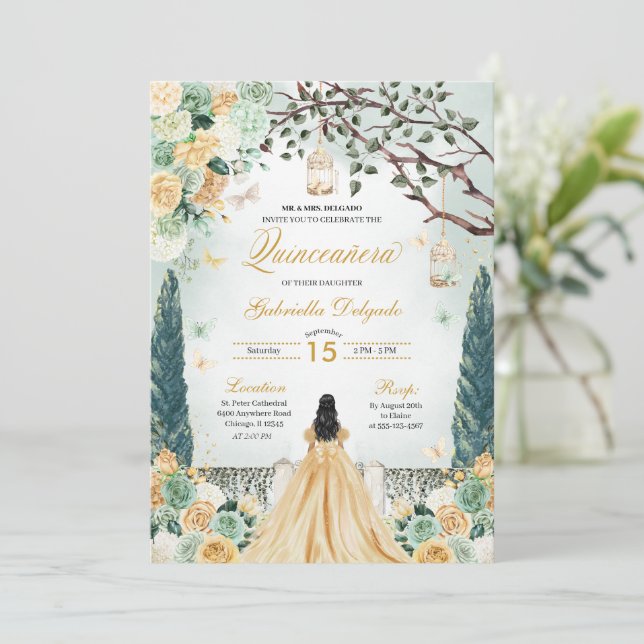 Gold Green Princess Enchanted Garden Quinceanera Invitation (Standing Front)