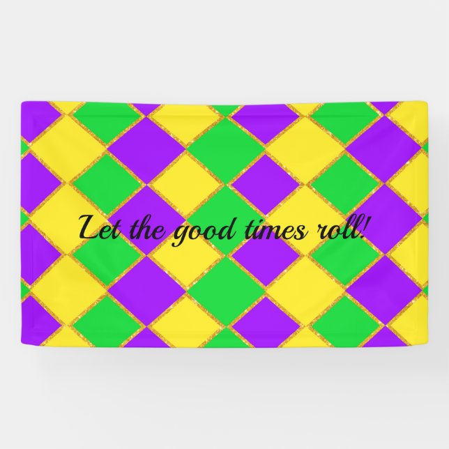 Gold Green Purple Mardi Gras Harlequin Pattern  Banner (Horizontal)