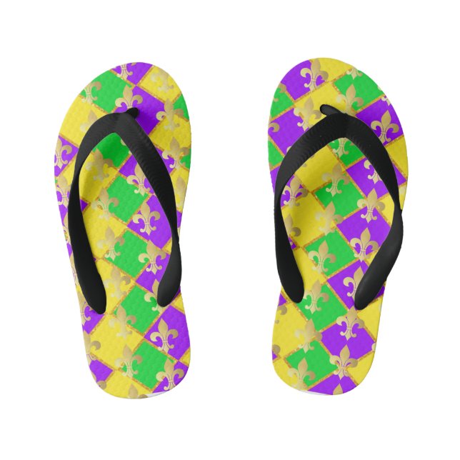 Gold Green Purple Mardi Gras Harlequin Pattern     Kid's Thongs (Footbed)