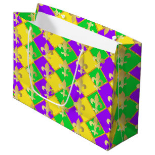 Gold Green Purple Mardi Gras Harlequin Pattern Large Gift Bag