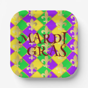 Gold Green Purple Mardi Gras Harlequin Pattern  Paper Plate