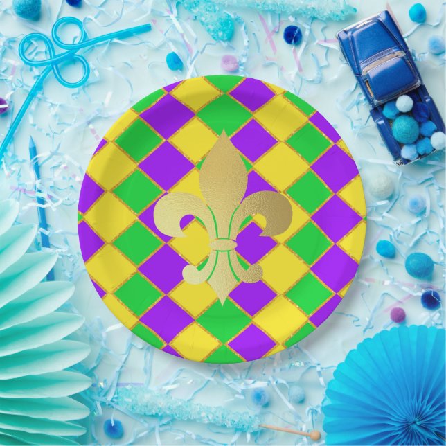 Gold Green Purple Mardi Gras Harlequin Pattern    Paper Plate (Party)