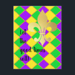 Gold Green Purple Mardi Gras Harlequin Pattern   Postcard<br><div class="desc">Celebrate Mardi Gras with this chic carnival rhombus harlequin argyle patten in yellow, green, purple with faux gold details, for a lux mardi gras festive vibes. Simple minimalistic glam chic Mardi Gras Pattern design for adults. Mardi Gras pattern home decor, Mardi Gras party parade ideas pattern. "Laissez les bon temps...</div>