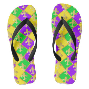 Gold Green Purple Mardi Gras Harlequin Pattern    Thongs