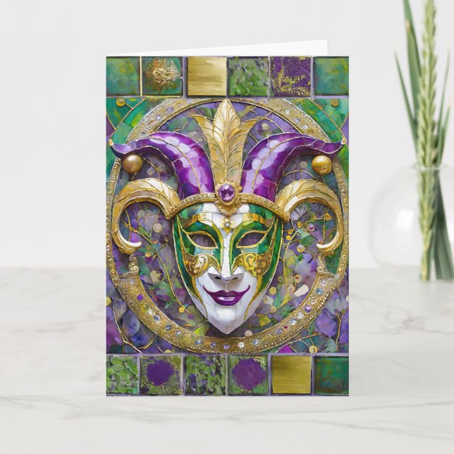 Gold Green Purple Mardi Gras Jester Mask Card (Front)