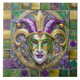 Gold Green Purple Mardi Gras Jester Mask Ceramic Tile