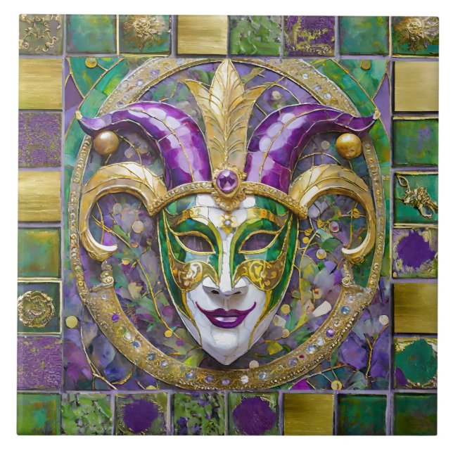 Gold Green Purple Mardi Gras Jester Mask Ceramic Tile (Front)
