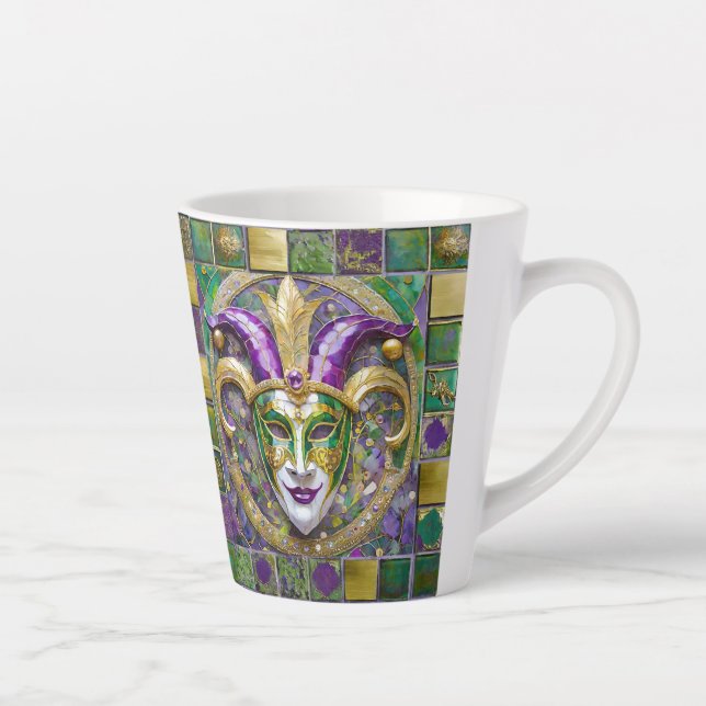 Gold Green Purple Mardi Gras Jester Mask Latte Mug (Right)
