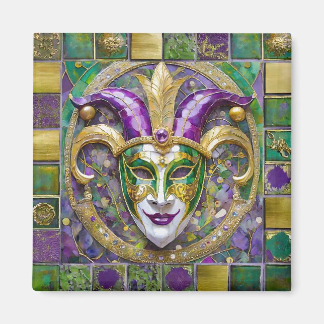 Gold Green Purple Mardi Gras Jester Mask Magnet (Front)