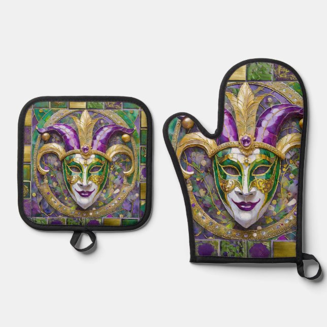 Gold Green Purple Mardi Gras Jester Mask Oven Mitt & Pot Holder Set (Front)