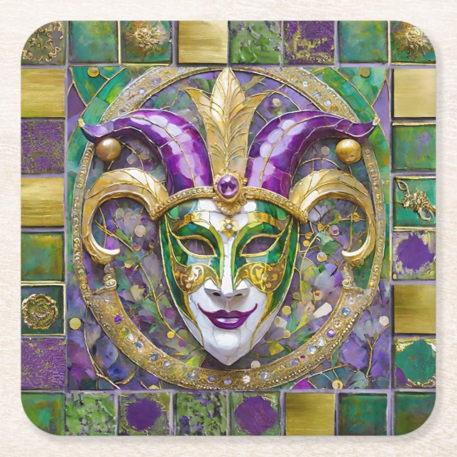 Gold Green Purple Mardi Gras Jester Mask Square Paper Coaster (Front)